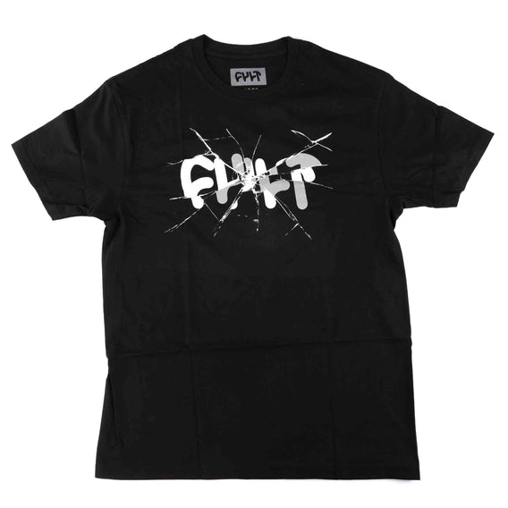 Black t-shirt with white graphic design on a white background