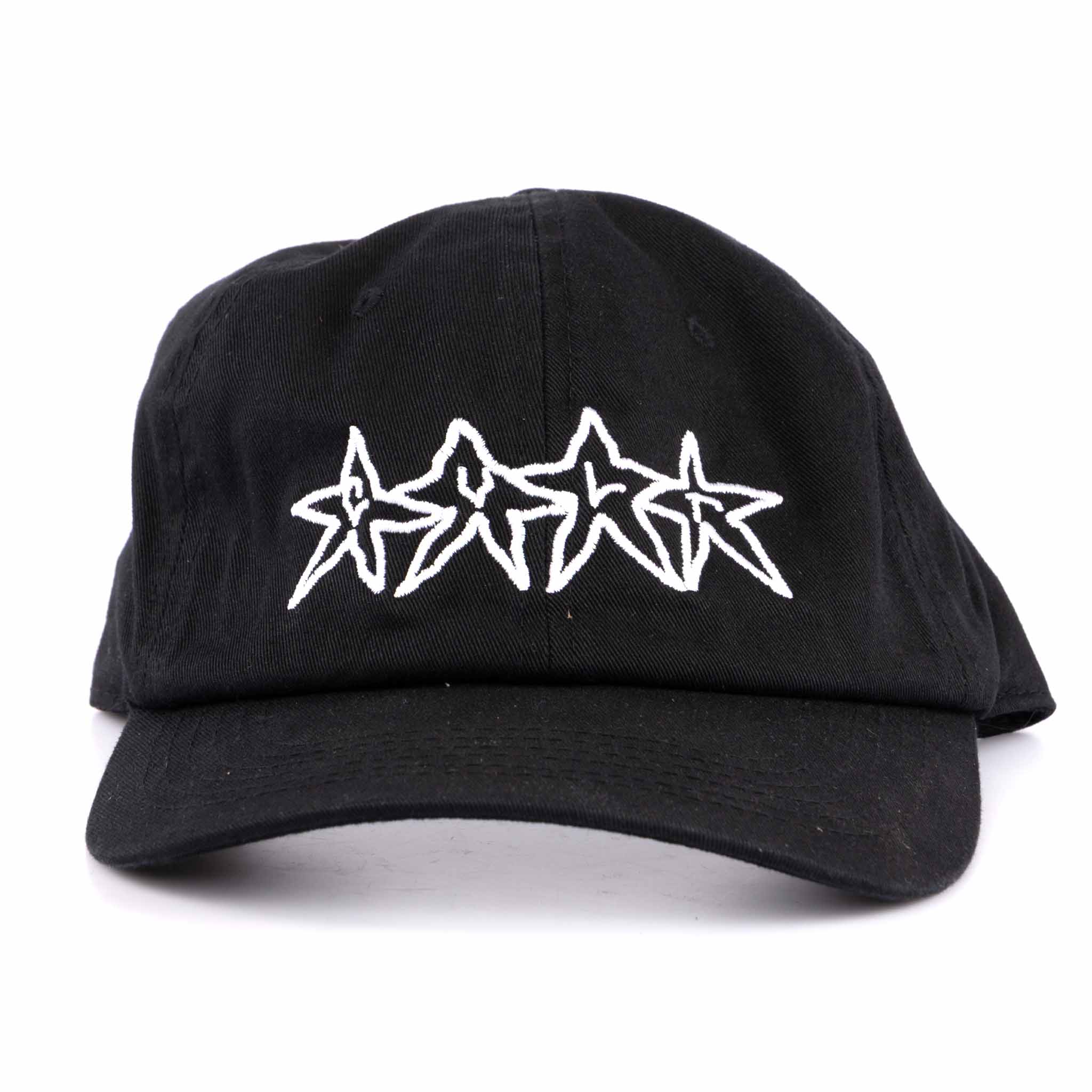 Black cap with white star design on a white background