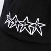 Black cap with white star designs on a plain background