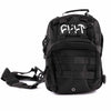 Black tactical backpack with visible branding on a white background