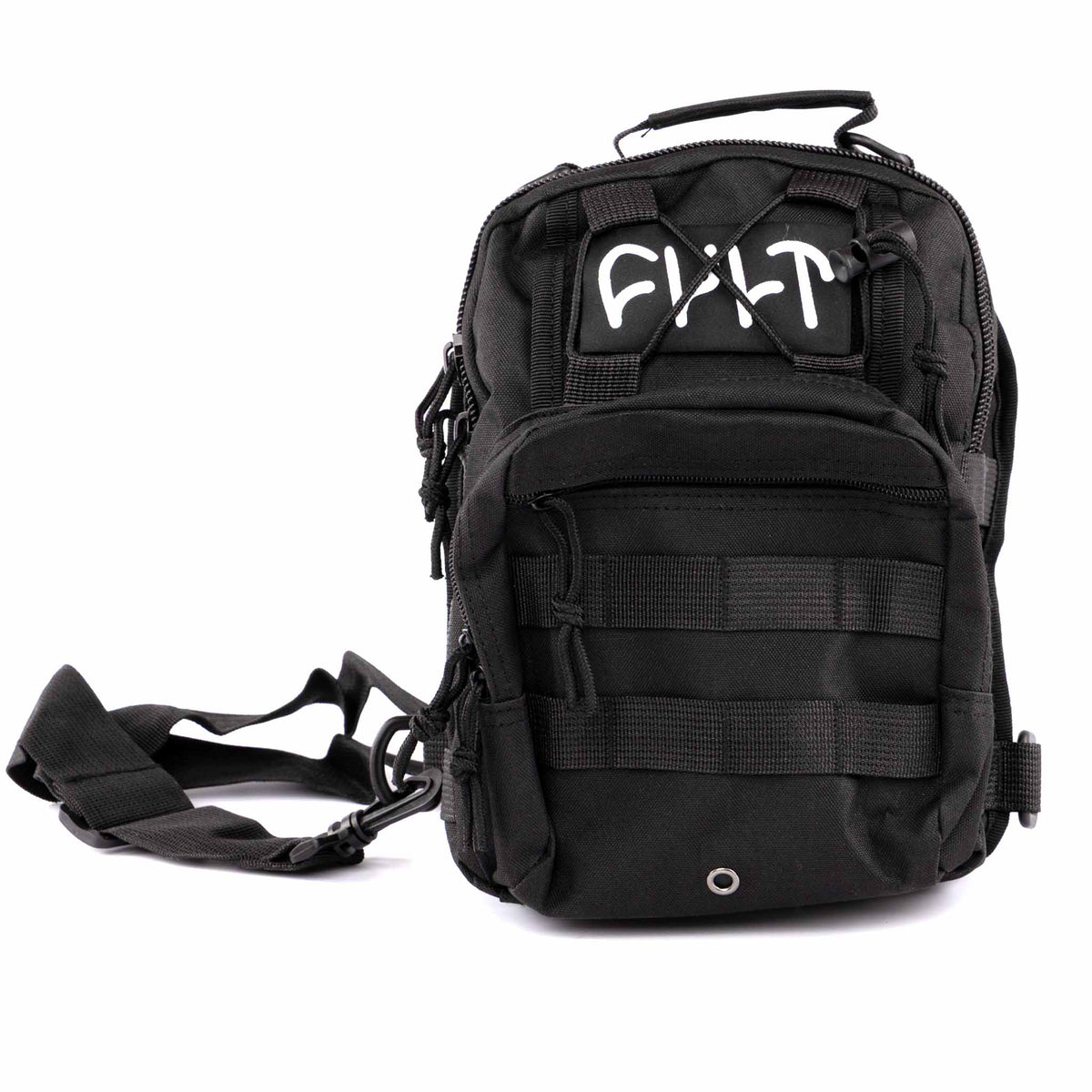 Black tactical backpack with visible branding on a white background
