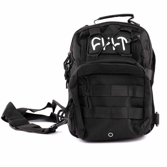 Black tactical backpack with visible branding on a white background