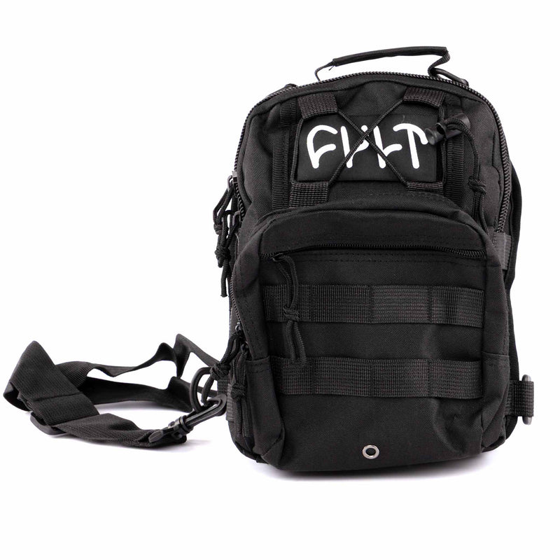 Black tactical backpack with visible branding on a white background