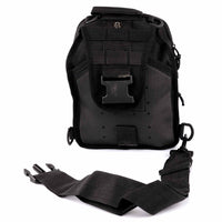 Black tactical backpack with a strap on a white background
