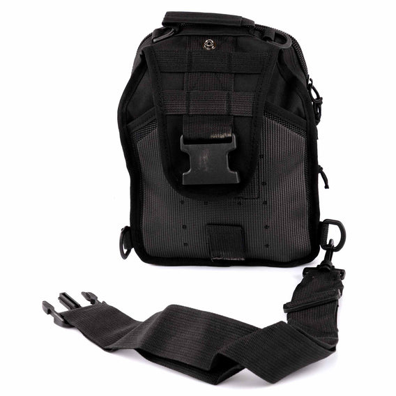 Black tactical backpack with a strap on a white background
