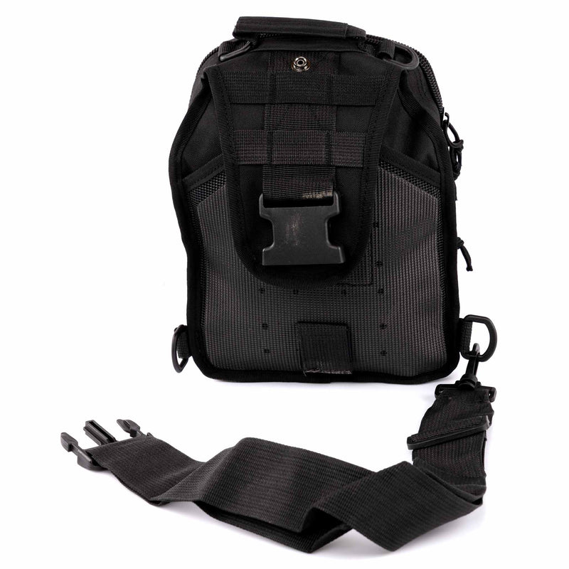 Black tactical backpack with a strap on a white background