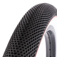 Cult Vans tyre Black with white sidewall and red stripe 2.35" tread detail