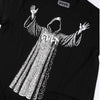 Black t-shirt with a white graphic design of a hooded figure and 'FHT' text on a white background