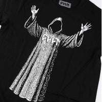 Black t-shirt with a white graphic design of a hooded figure and 'FHT' text on a white background