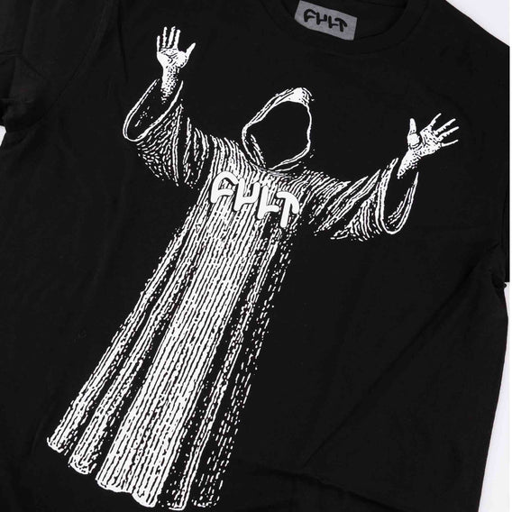 Black t-shirt with a white graphic design of a hooded figure and 'FHT' text on a white background