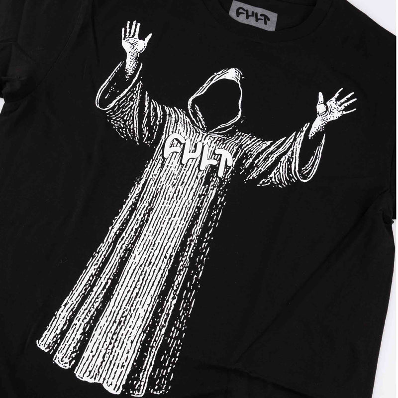 Black t-shirt with a white graphic design of a hooded figure and 'FHT' text on a white background