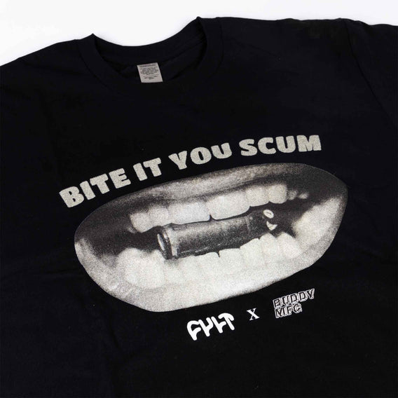 Cult x Buddy MFG Bite It T-Shirt - Black design close up detail