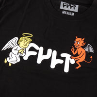 Black t-shirt with angel and devil graphics and 'CULT' text on a dark background