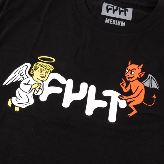Black t-shirt with angel and devil graphics and 'CULT' text on a dark background