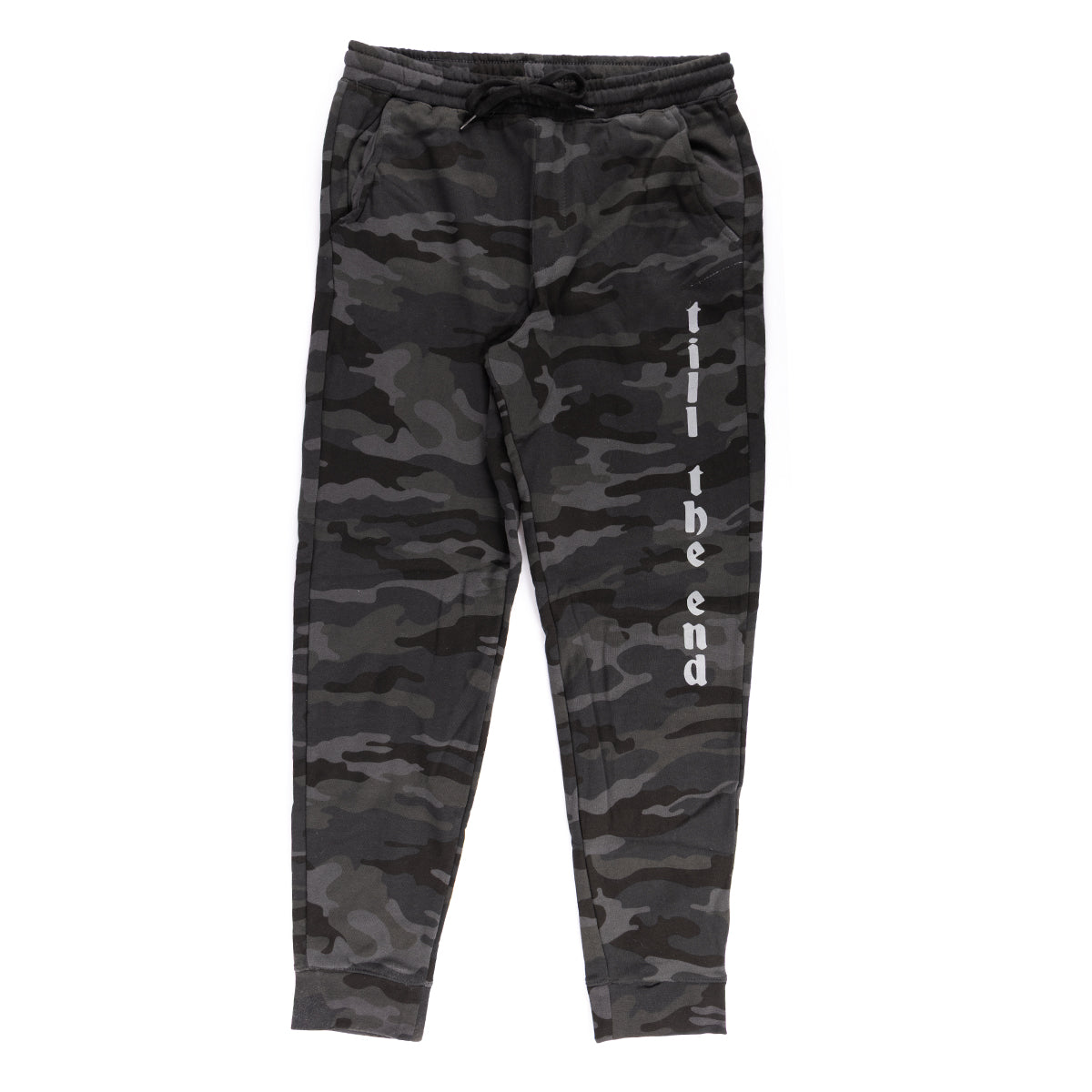 Camouflage pants with text on a white background