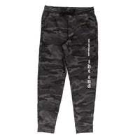 Camouflage pants with text on a white background