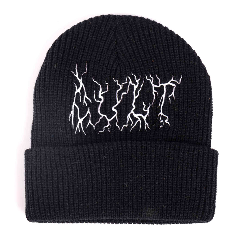 Cult Metal Beanie in black photographed on a white background