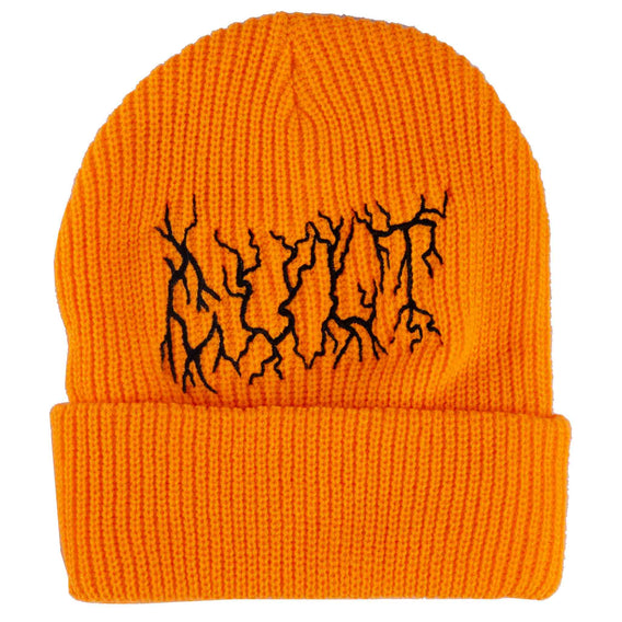 Cult Metal Beanie in orange photographed on a white background