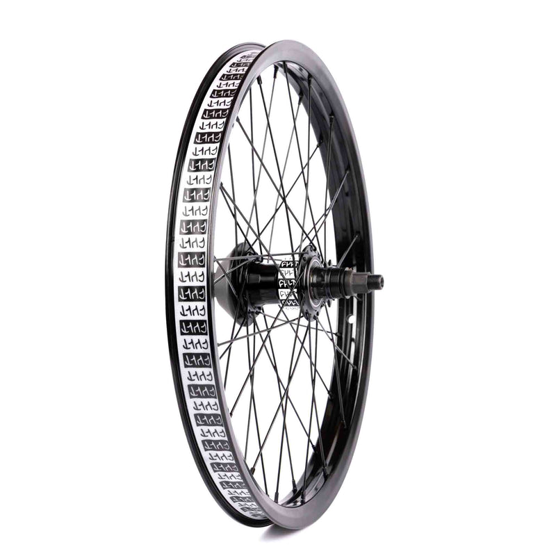 cult bmx freecoaster Bicycle wheel with black rim and black spokes on a white background
