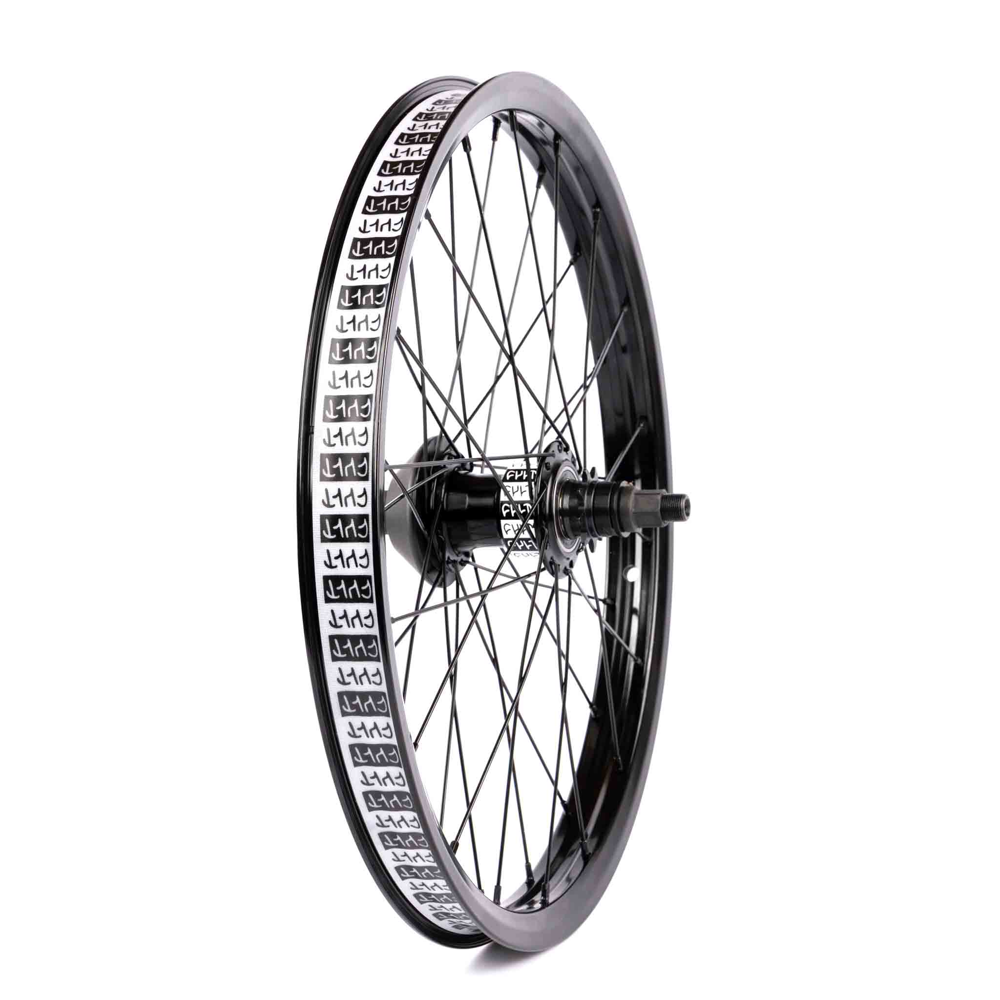 Bicycle wheel with black rim and silver spokes on a white background