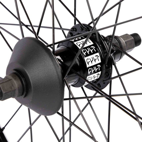 Close-up of a cult bmx freecoaster hub with visible branding on a white background