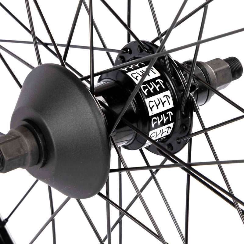Close-up of a cult bmx freecoaster hub with visible branding on a white background