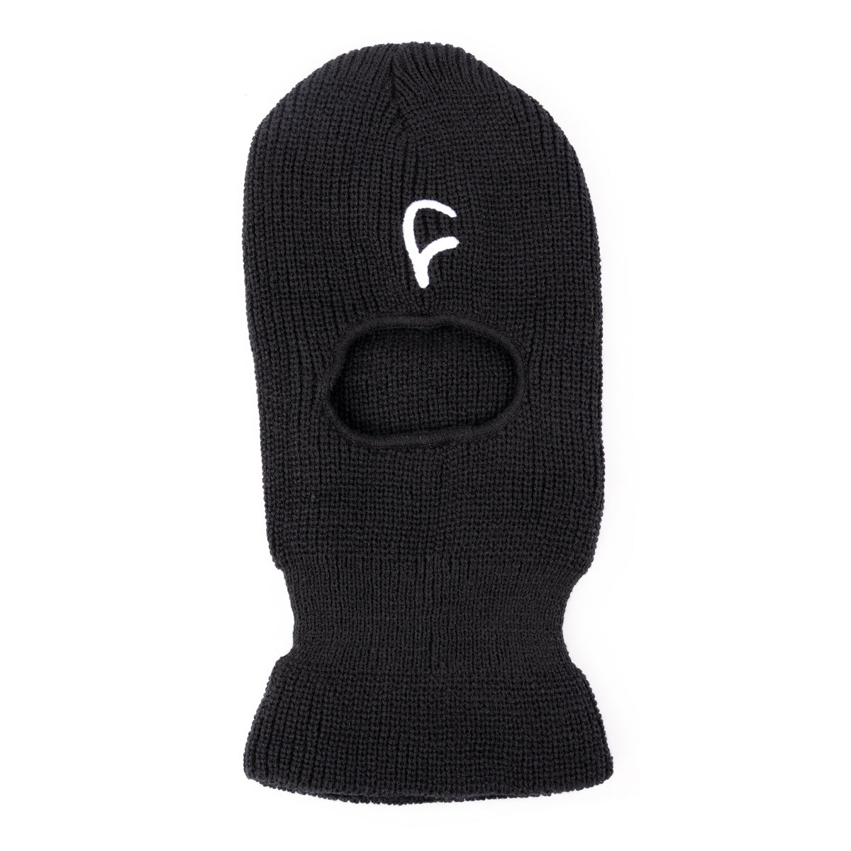 Black knit balaclava with a white C logo on a white background