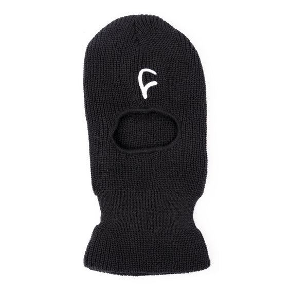 Black knit balaclava with a white C logo on a white background