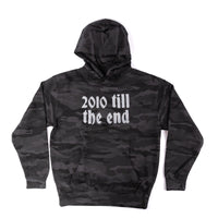 Black camouflage hoodie with '2010 till the end' text on a white background