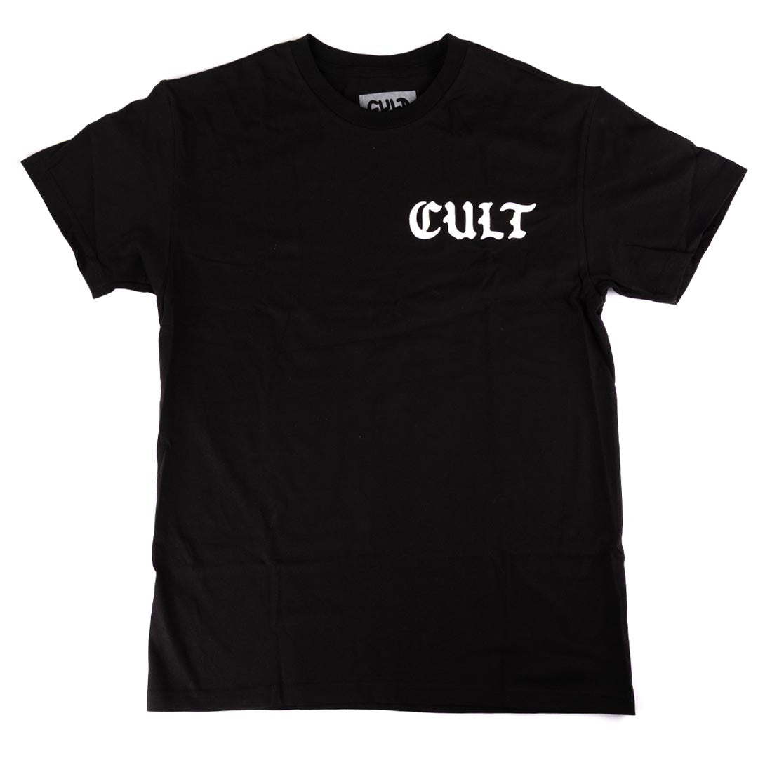 Black t-shirt with 'CULT' printed on it against a white background