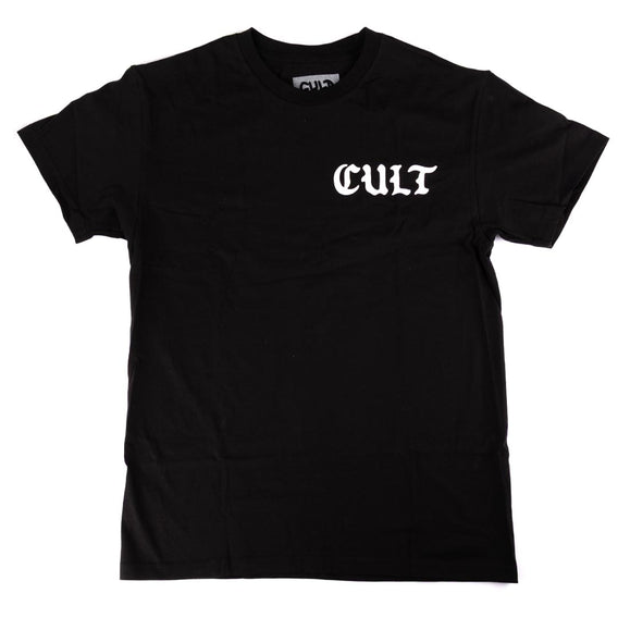 Black t-shirt with 'CULT' printed on it against a white background