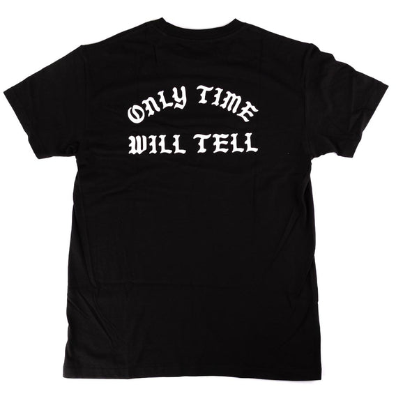 Black t-shirt with 'ONLY TIME WILL TELL' text on a white background