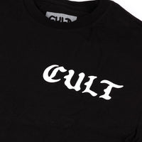 Black t-shirt with 'CULT' printed in white on a white background