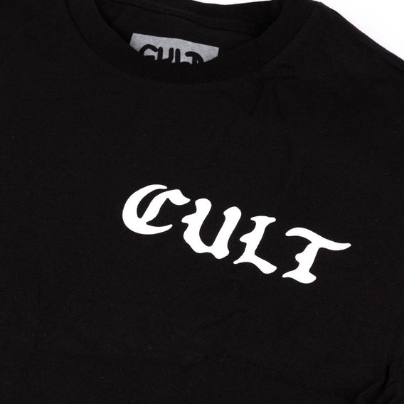 Black t-shirt with 'CULT' printed in white on a white background