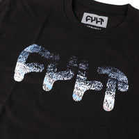 Black t-shirt with a graphic design and 'F
CULT' branding on a black background