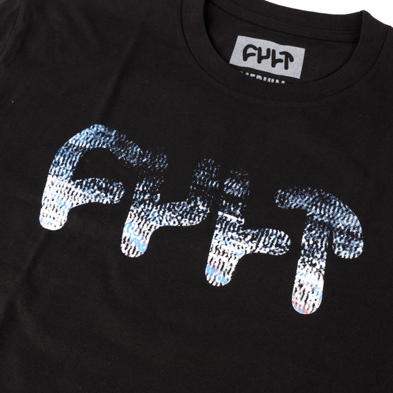 Black t-shirt with a graphic design and 'F
CULT' branding on a black background