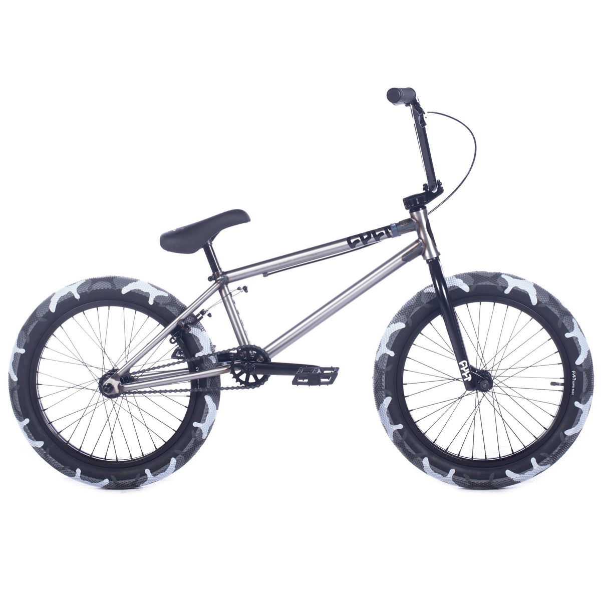 Cult 2024 Access BMX Bike - Raw With Grey Camo Tyres 20" side view