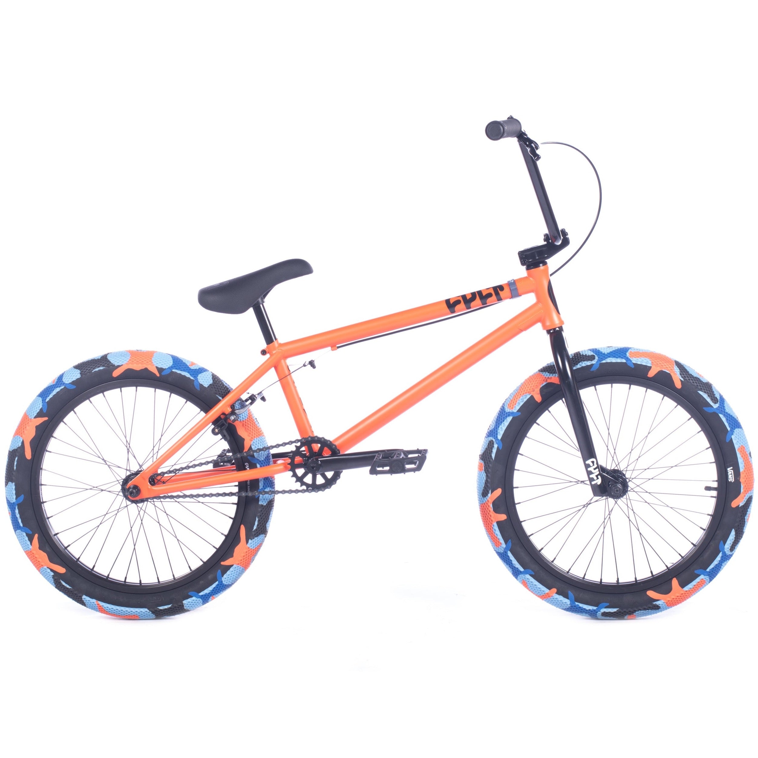 Cult 2024 Gateway BMX Bike - Orange With Black Parts And Blue / Orange Camo Tyres 20.5" Side View | Backyard UK BMX Shop Hastings