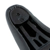 Close-up of a black plastic component with a brand logo on a white background