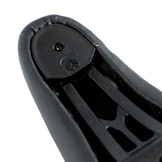 Close-up of a black plastic component with a brand logo on a white background