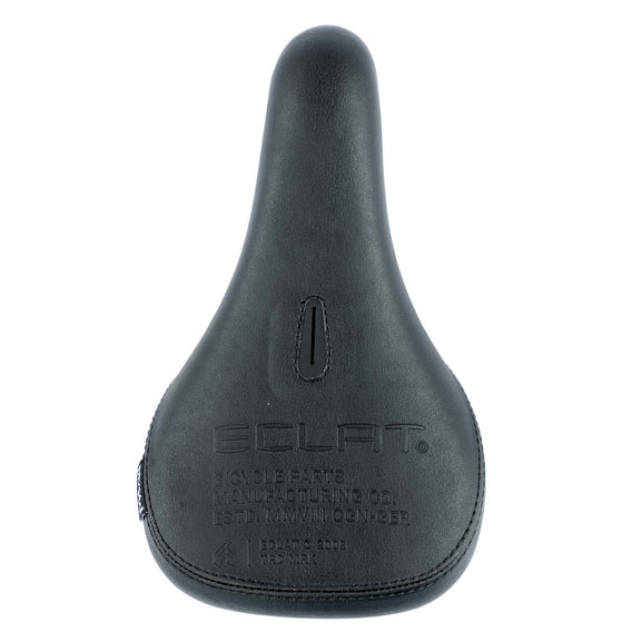 Black bicycle seat with 'Eclat' branding on a white background