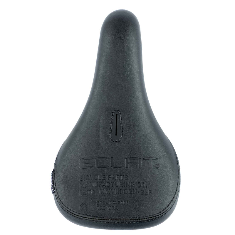 Black bicycle seat with 'Eclat' branding on a white background