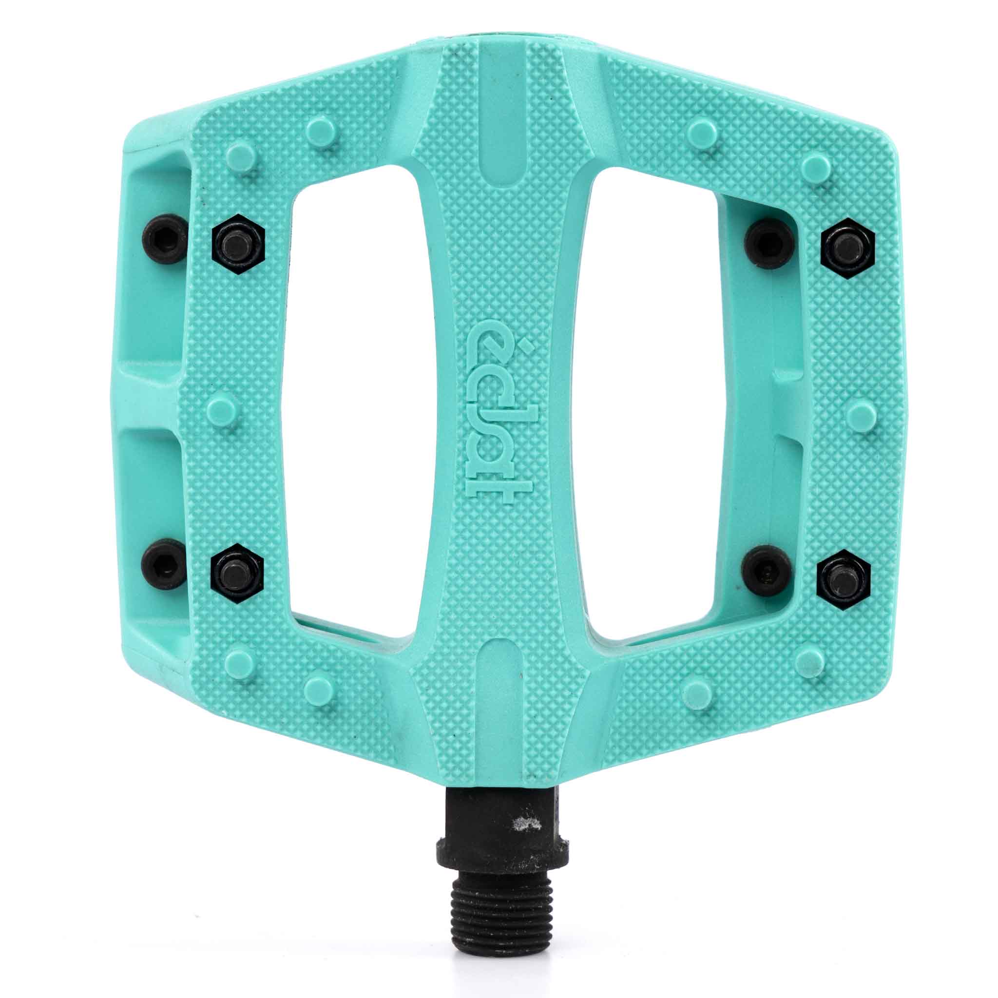Turquoise Teal Eclat Contra BMX pedal with black pins on a white background