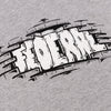 Close up photo of the black and white print on the Federal Bricks t-shirt