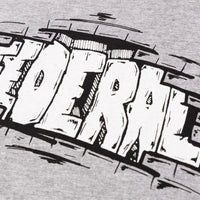 Close up photo showing the logo printed on the heather grey Federal Bricks t-shirt