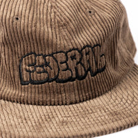 Brown corduroy cap with black embroidered text on a white background