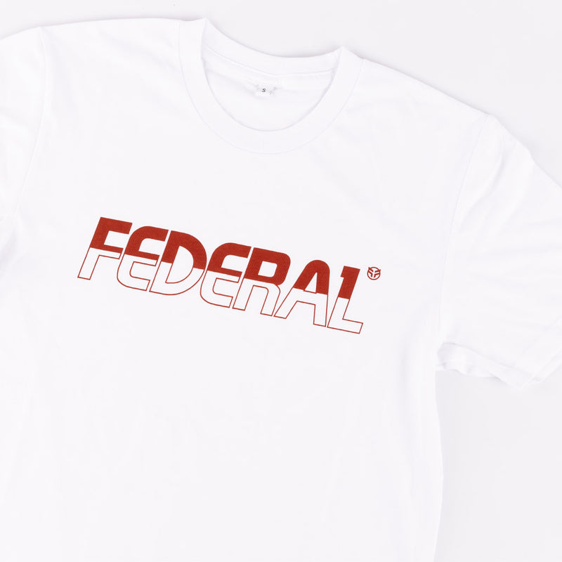Close up photo of the Federal Half Full t-shirt showing the red printed logo and neck and body