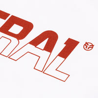 Close up photo of a section of the red screen print on the white Federal Half Full t-shirt
