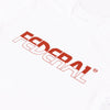 Angled photo showing the front of the Federal Half Full white t-shirt including the neck