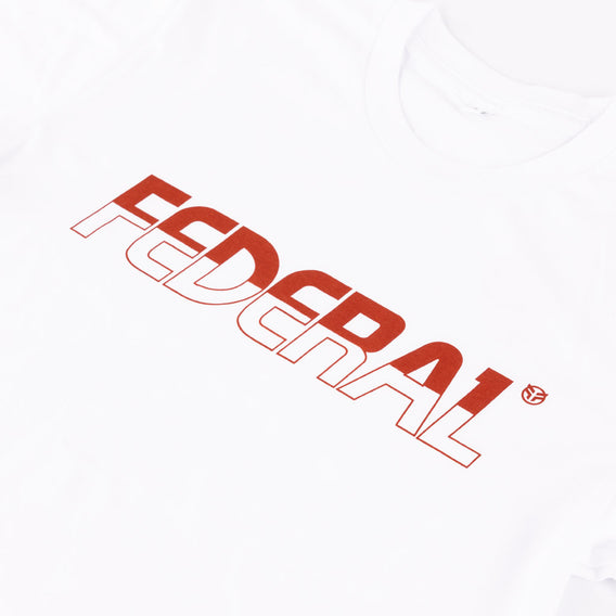 Angled photo showing the front of the Federal Half Full white t-shirt including the neck